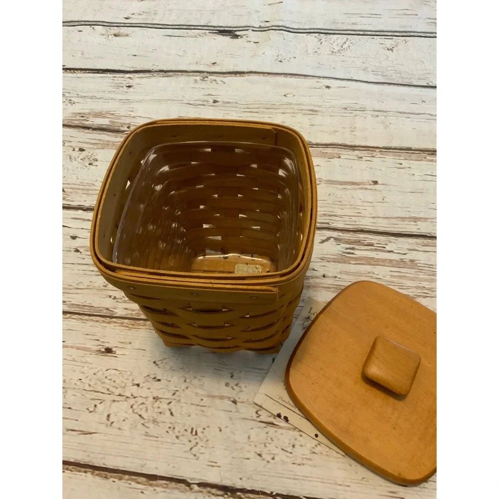 Longaberger Basket 1996 Handwoven Square Tapered Wood Lid & Liner Small Spoon